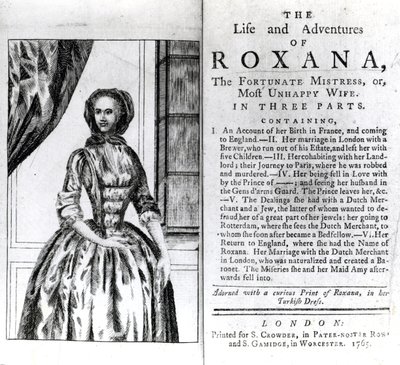 Frontyspis i strona tytułowa The Life and Adventures of Roxana autorstwa Daniela Defoe, opublikowana w 1765 r autorstwa English School
