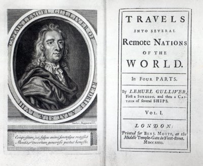 Frontyspis i strona tytułowa do podróży Guliwera autorstwa Jonathana Swifta, 1726 autorstwa English School