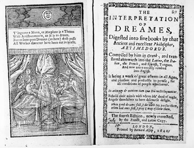 Frontyspis i strona tytułowa do The Interpretation of Dreams Artemidora, wydanie angielskie wydane w 1644 r. autorstwa English School