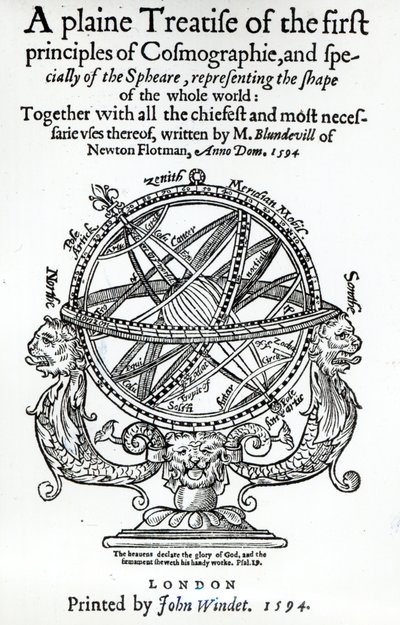 Frontyspis z A Plain Treatise of the First Principles of Cosmographie autorstwa Thomasa Blundeville, opublikowany w 1594 roku autorstwa English School