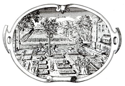Frontyspis, z The Herbball, autorstwa Johna Gerarda (1545-1607), opublikowany 1597 autorstwa English School