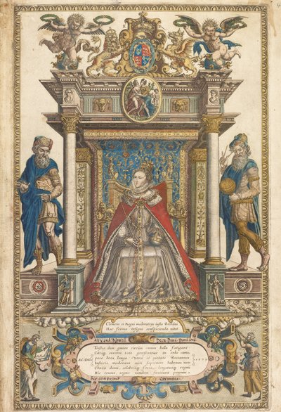 Frontyspis Atlasu krajów Anglii i Walii autorstwa Christophera Saxona, Londyn 1579 (rycina ręcznie kolorowana) autorstwa English School