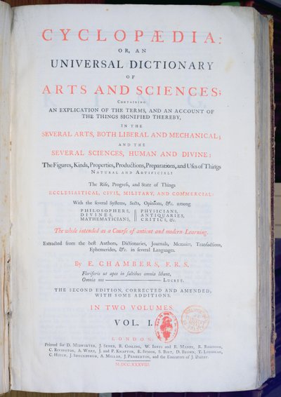 Frontispiece of Encyclopaedia: An Universal Dictionary of Arts and Sciences, tom. I, Ephraim Chambers, Londyn, 1738 (papier drukowany) autorstwa English School