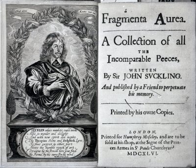 Frontyspis Fragmenta Aurea, zbiór wszystkich nieporównywalnych peeces autorstwa sir Johna Sucklinga, opublikowany w 1646 r. autorstwa English School