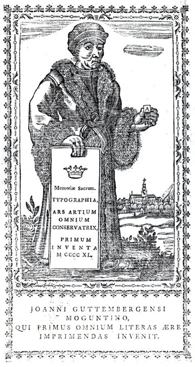 Frontyspis Johannesa Gutenberga z Zwięzłej historii powstania i postępu druku Philipa Luckombe, wydany w 1770 r. autorstwa English School