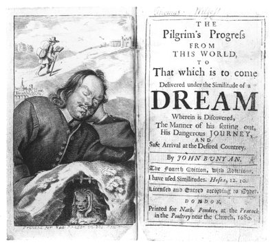 Frontyspis The Pilgrims Progress Johna Bunyana (1628-88) wyd. w 1680 autorstwa English School
