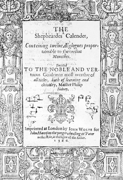 Frontyspis The Shepheardes Calender Esmonda Spensera (1552-99), opublikowany 1586 autorstwa English School
