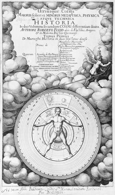 Frontyspis Utriusque Cosmi Historia Roberta Fludda (1574-1637) tom I, wyd. Oppenheim 1617 autorstwa English School