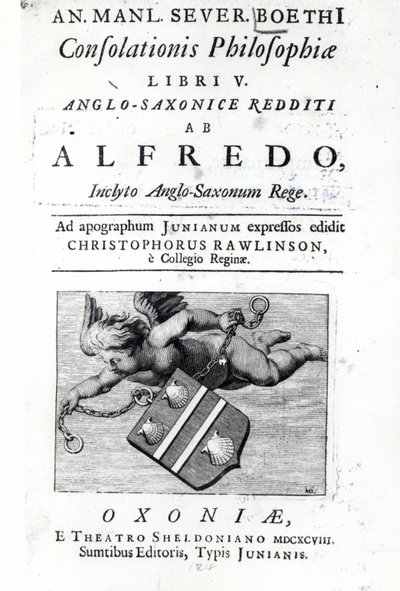 Frontyspis do przekładu Christophera Rawlinsona Alfreda Wielkiego wydanie Boethius De Consolationis Philosophiae, 1698 (druk) autorstwa English School