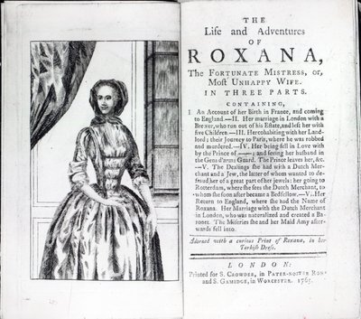 Frontispiece do Roxany, The Fortunate Mistress autorstwa Daniela Defoe, wydanie opublikowane w 1765 (druk) autorstwa English School
