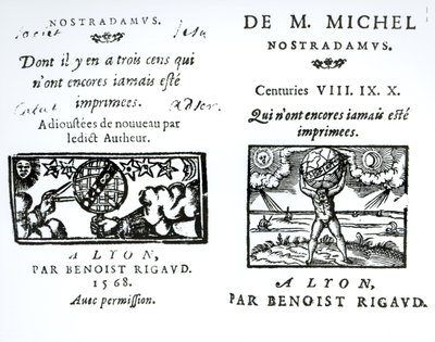 Frontyspis do Proroctw M. Michela Nostradamusa, wyd. Benoist Rigaud, 1568 autorstwa English School