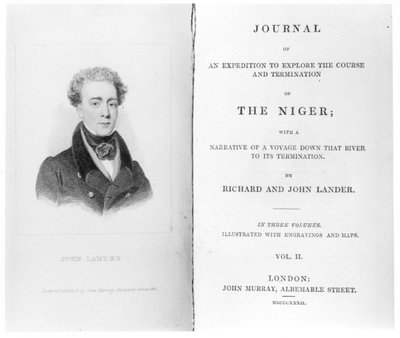 Frontyspis do tomu 2 Journal of an Expedition to Explore the Course and Termination of The Niger autorstwa Richarda i Johna Landerów, opublikowany w 1832 roku autorstwa English School