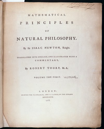 Frontyspis do tomu I The Mathematical Principles of Natural Philosophy Sir Isaaca Newtona (1642-1727) 1777 autorstwa English School