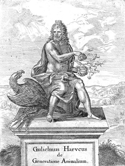 Frontyspis do Williama Harveysa Pokolenie zwierząt opublikowany w 1651 r. autorstwa English School