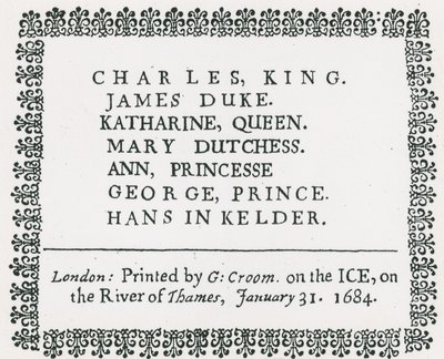 Jarmark mrozowy nad Tamizą, drukowana pamiątka dla króla Karola II i rodziny, 1684 autorstwa English School