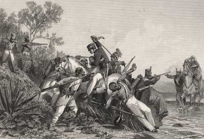 Zbiegli brytyjscy oficerowie i ich rodziny zaatakowani przez buntowników, z "Historii indyjskiego buntu", opublikowanej w 1858 r. (rycina) autorstwa English School