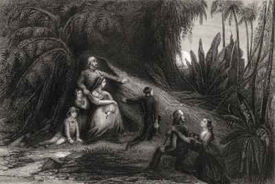 Zbiegowie oficerowie z rodzinami ukrywającymi się na fioletowo, z „Historii buntu indyjskiego” opublikowanej w 1858 r. autorstwa English School