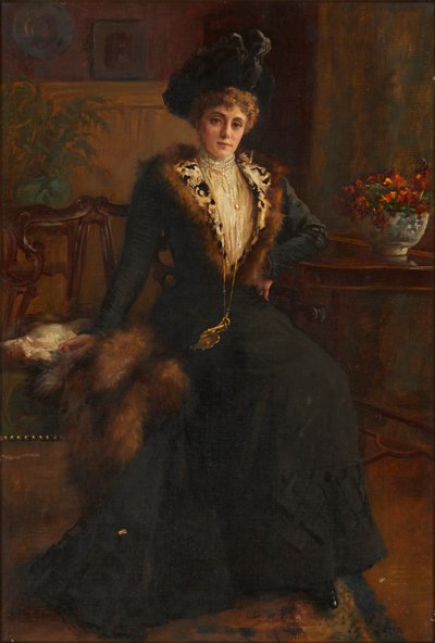 Pełnowymiarowy portret młodej kobiety w podszytej futrem sukni (olej na płótnie) autorstwa English School