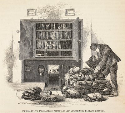 Fumigujące ubrania więźniów w więzieniu Coldbath Fields, ilustracja z The Criminal Prisons of London i Scenes from Prison Life autorstwa Henry