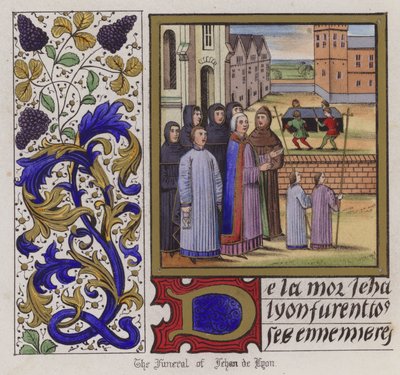 Pogrzeb Jehana De Lyon (kolorowy grawerunek) autorstwa English School