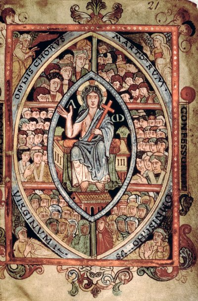 Galba A XVIII f.21r, Chrystus w majestacie, z psałterza Athelstana, Old Minster, Winchester, 925-50 (welum) autorstwa English School