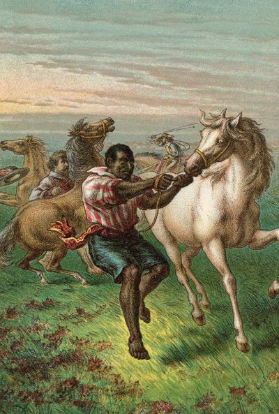Żołnierze Garibaldiego łamią dzikie konie autorstwa English School