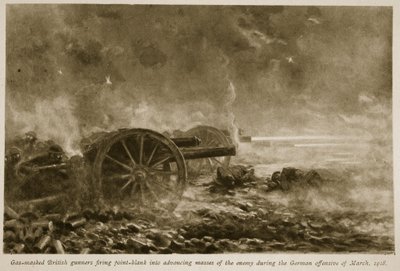 Brytyjscy artylerzyści zamaskowani gazem strzelali wprost w nacierające masy wroga podczas niemieckiej ofensywy w marcu 1918, 1918-19 autorstwa English School