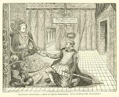 Gascoigne przedstawia księgę królowej Elżbiecie autorstwa English School