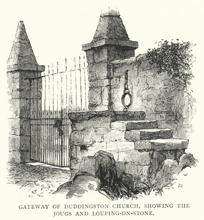 Gateway of Duddingston Church, przedstawiający Jougs i Louping-on-Stone (rycina) autorstwa English School