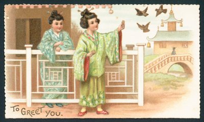 Geisha Girls karmiące ptaki, kartka świąteczna autorstwa English School