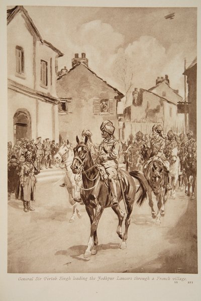 Generał Sir Pertab Singh prowadzący lansjerów z Jodhpur przez francuską wioskę, 1914-19 autorstwa English School