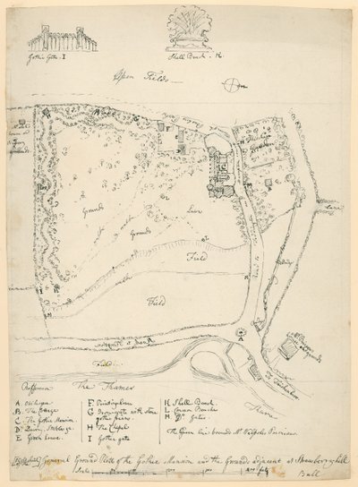 Ogólny plan przyziemia gotyckiej rezydencji i przyległych terenów przy Strawberry Hill, Twickenham, Londyn autorstwa English School