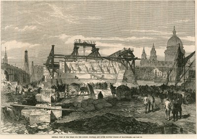 Ogólny widok prac dla London, Chatham i Dover Railway Bridge w Blackfriars, Londyn autorstwa English School
