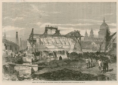 Ogólny widok prac związanych z mostem kolejowym London, Chatham i Dover w Blackfriars autorstwa English School