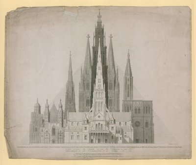 Geometryczne elewacje frontów zachodnich katedr św. Pawła w Londynie (przed ogniem) ... i Wielkiej Piramidy w Egipcie w jednej skali autorstwa English School