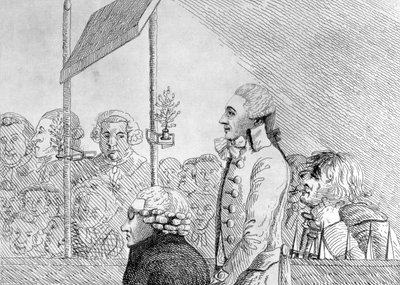 George Barrington wyciągnięty z życia podczas procesu w Old Bailey w piątek 17 września autorstwa English School