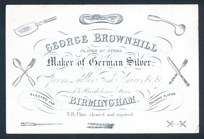 George Brownhill, producent niemieckiego srebra, karta handlowa autorstwa English School