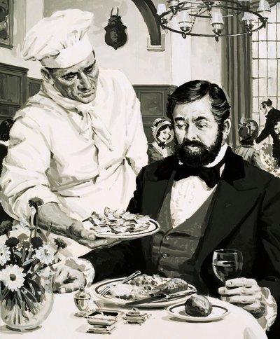 George Crum, wynalazca chipsów ziemniaczanych, przedstawia swoje dzieło autorstwa English School