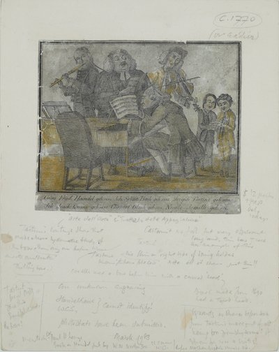 George Frideric Handel, Johann Sebastian Bach, Giuseppe Tartini, Johann Joachim Quantz, Christoph Gluck, Nicolo Jomelli, ok. 1750 (ręcznie barwiony grawerunek) autorstwa English School