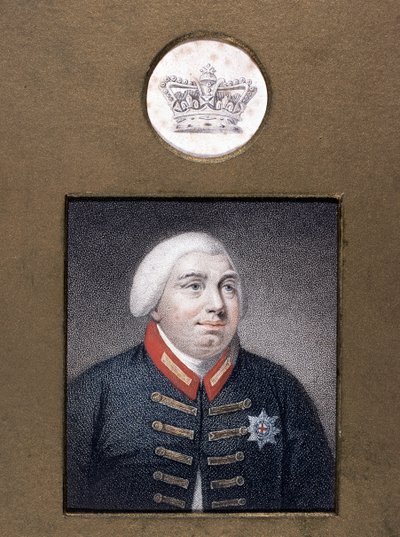 Jerzy III (1738-1820) w mundurze Windsor, ok. 1790 (kolorowe grawerowanie punktowane) autorstwa English School