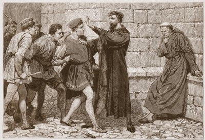 George Wishart chroniący swojego niedoszłego zabójcę, ilustracja z „Historii protestantyzmu” Jamesa Aitkena Wyliego (1808-1890), wyd. 1878 (grawerowanie) autorstwa English School