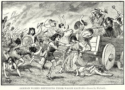 Niemieckie kobiety broniące swoich zamków (grawerunek) autorstwa English School