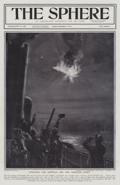 Niemiecki sterowiec Zeppelin zestrzelony w płomieniach u wybrzeży Norfolk, I wojna światowa, 28 listopada 1916 (lito) autorstwa English School