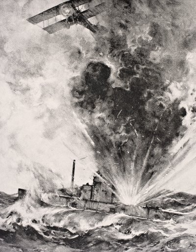 Niemiecka łódź podwodna zbombardowana i zatopiona 26 sierpnia 1915, z „The War Illustrated Album deLuxe” wydanej w Londynie 1916 (lito) autorstwa English School