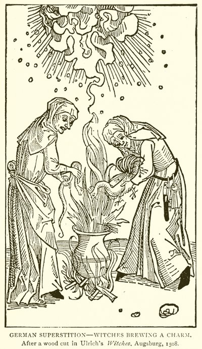 Niemieckie przesądy — Czarownice warzące Zaklęcie. Po wycięciu drewna w Ulrichs Witches, Augsburg, 1508 autorstwa English School