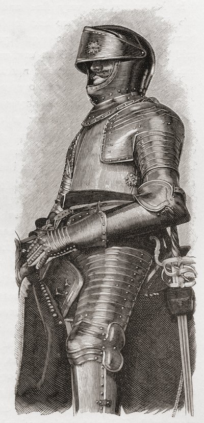 Złocona zbroja podarowana Karolowi I przez miasto Londyn, z „Krótkiej historii ludu angielskiego” J.R. Greena, opublikowanej w 1893 r. autorstwa English School