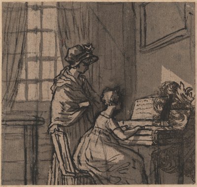 Dziewczyna przy klawikordzie, ok. 1800 (pióro i pranie na papierze) autorstwa English School