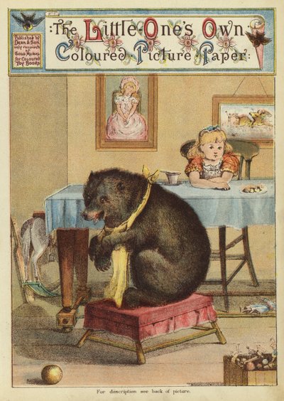 Dziewczyna przy stole z niedźwiedziem (chromolitho) autorstwa English School