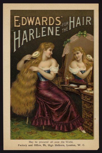 Dziewczyna czesząca swoje długie blond włosy; Harlene Edwarda do włosów (chromolitho) autorstwa English School