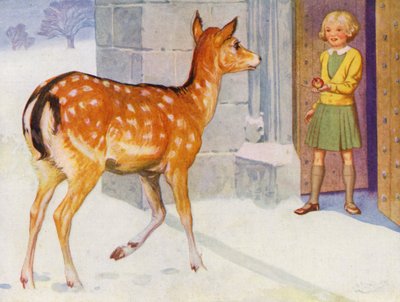 Dziewczyna karmiąca jelenia na śniegu (kolor lito) autorstwa English School